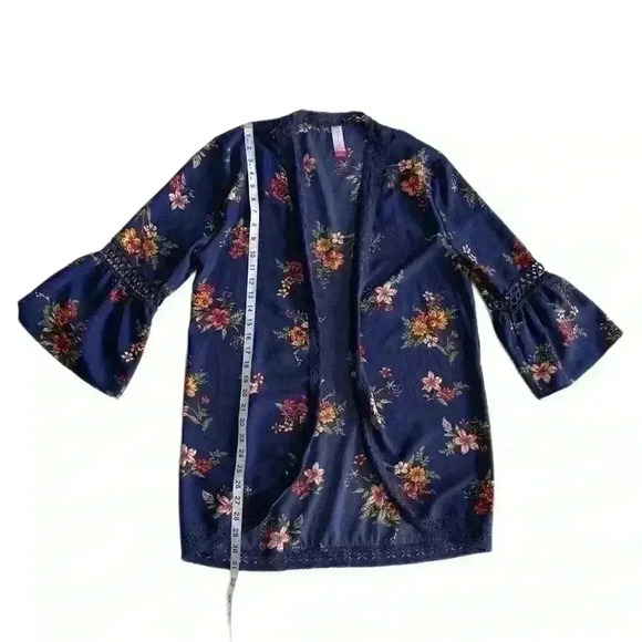 NO BOUNDARIES WOMENS NAVY FLORAL LONG SLEEVE OPEN FRONT CARDIGAN SIZE L (11-13) - Picture 9 of 11